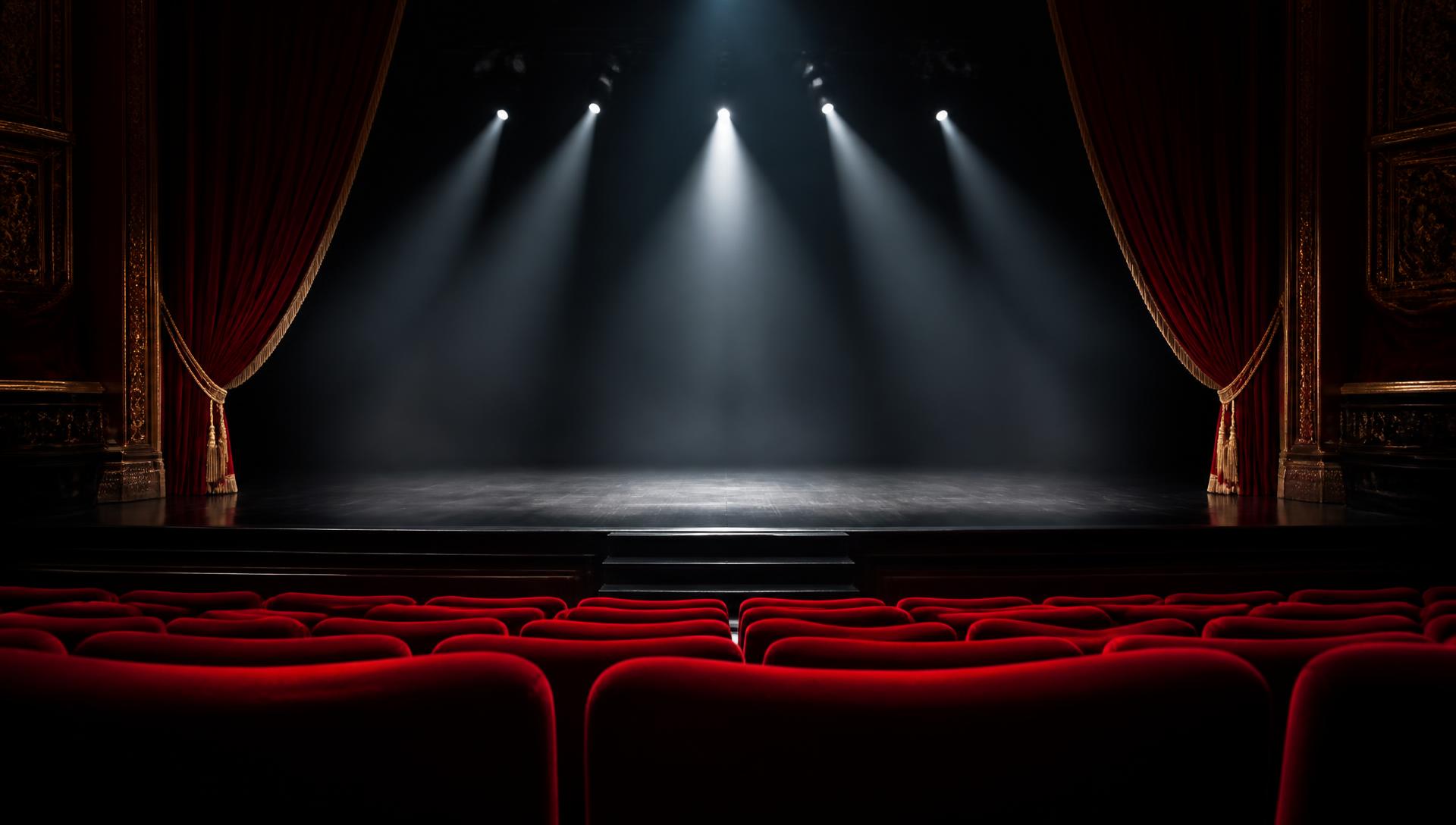 Scenă de teatru iluminată de reflectoare